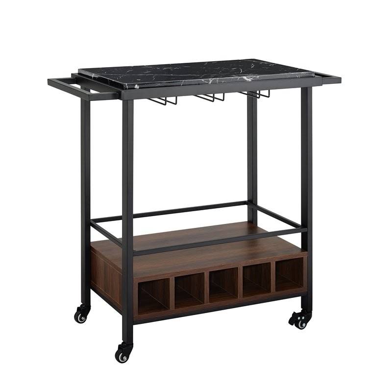 Faux Marble Serving Bar Cart in Dark Walnut and White V2631