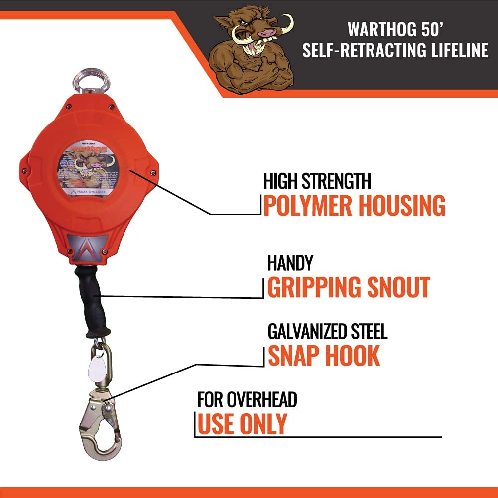 50-Foot Self-Retracting Lifeline with Steel Snap Hook & Carabiner D193
