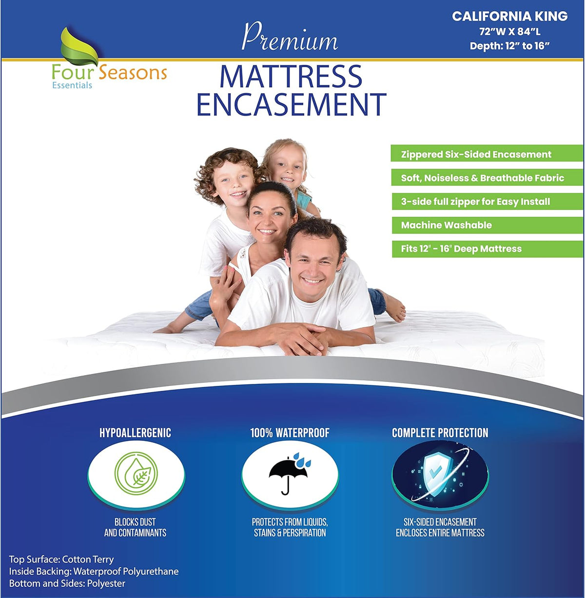 Queen Size Zippered Waterproof Cotton Terry Mattress Protector I97429