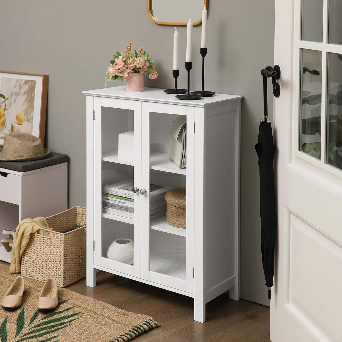 Storage Cabinet with 2 Adjustable Shelves, Transparent Glass Doors, Matte White M6222