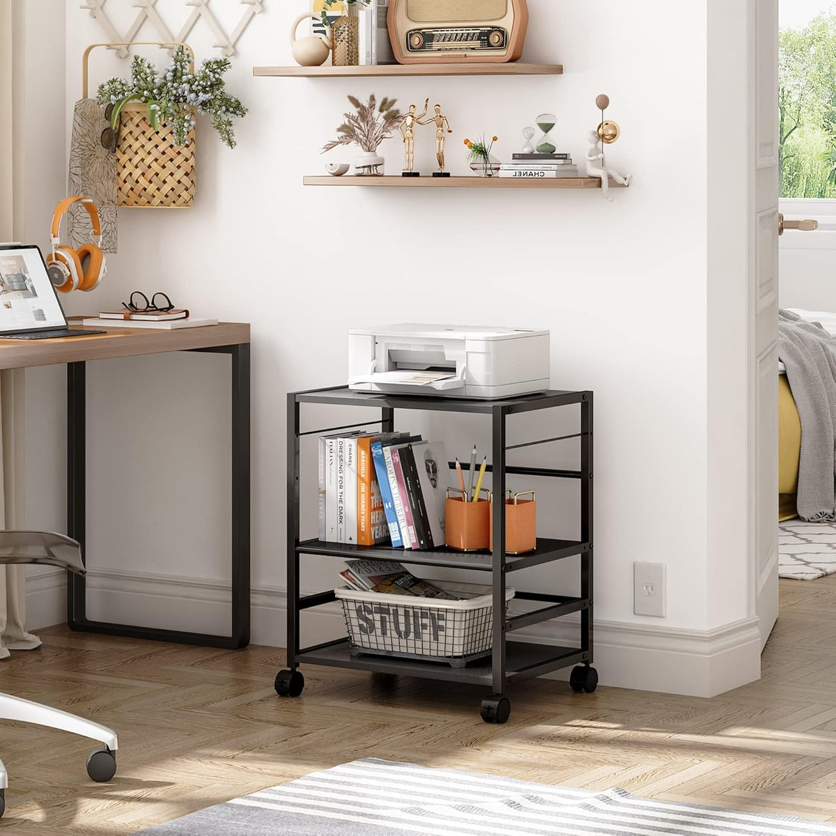 Black Mobile 3-Shelf Printer Stand with Adjustable Shelves G6685