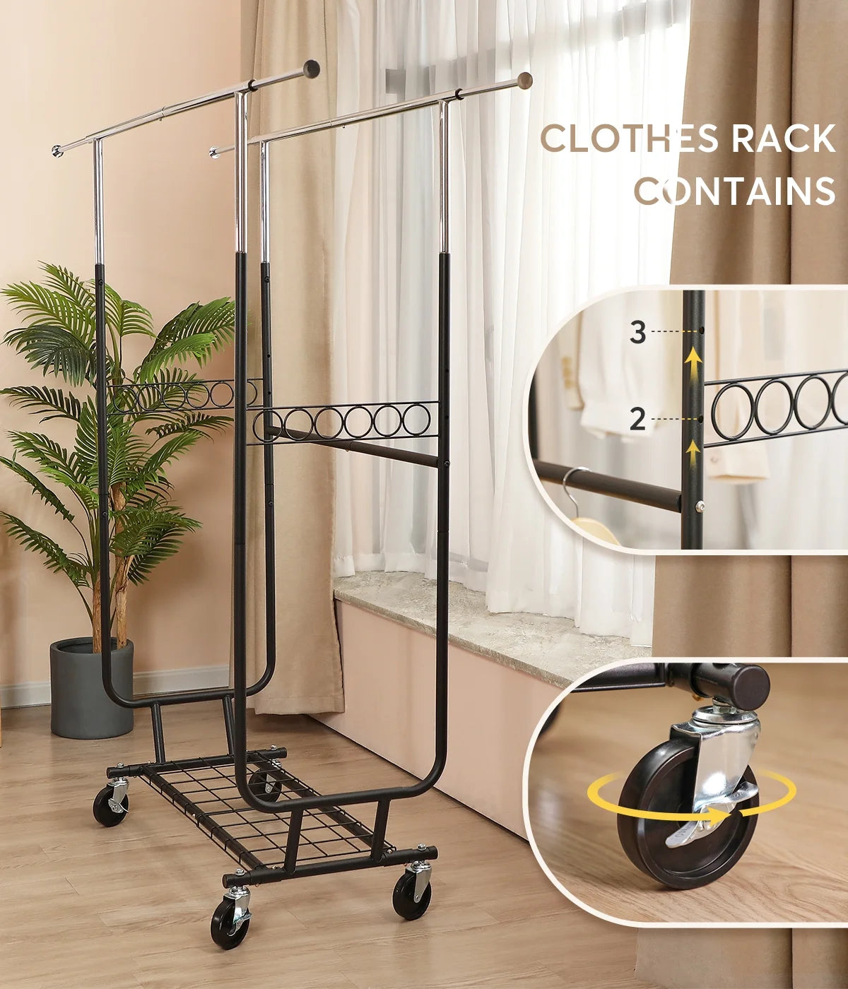Heavy Duty Double Rails Garment Rack with Wheels B765016