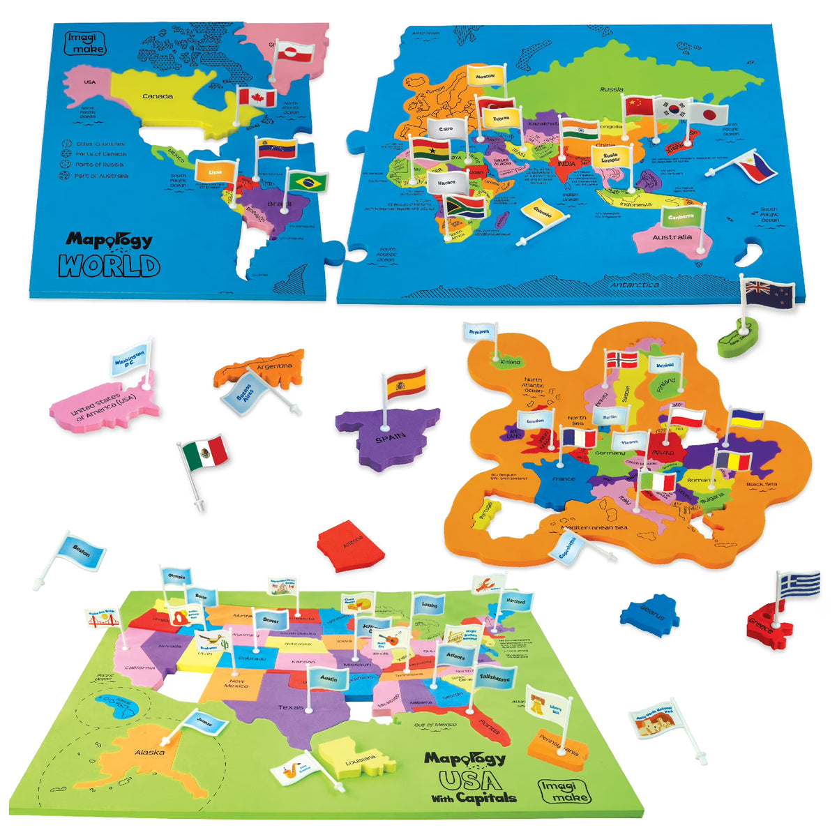 US & World Map Puzzle with Capitals and Flags E51656