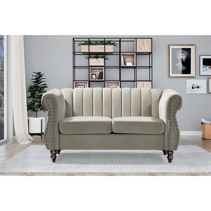 Beige Velvet Rolled Arms Loveseat O697468