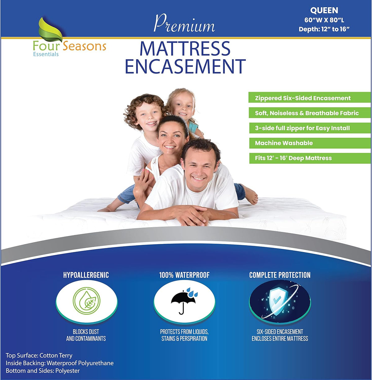 Queen Size Zippered Waterproof Cotton Terry Mattress Protector I97429