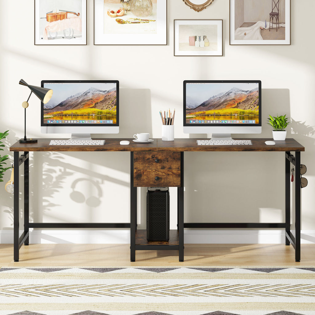 78 Inch Double Working Desk with 2 Drawers and Shelf X3254