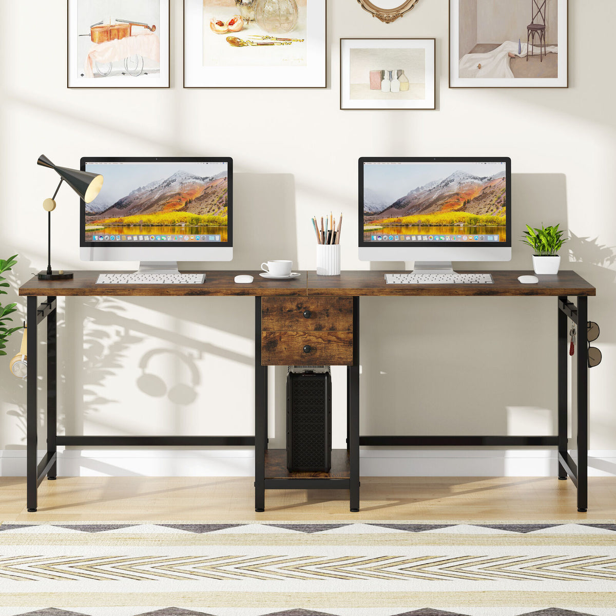 78 Inch Double Working Desk with 2 Drawers and Shelf X3254