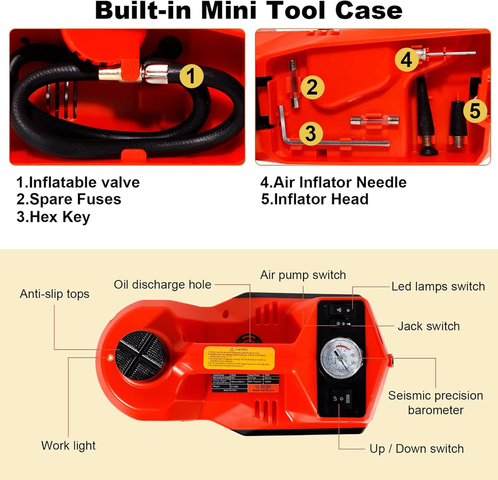 Electric Hydraulic Car Jack 5 Ton with Tire Inflator Pump and Electric Wrench T542060