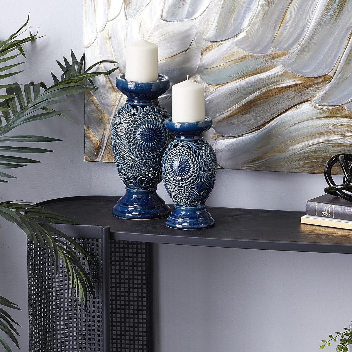 Set of 2 Blue Ceramic Candle Holder J344008