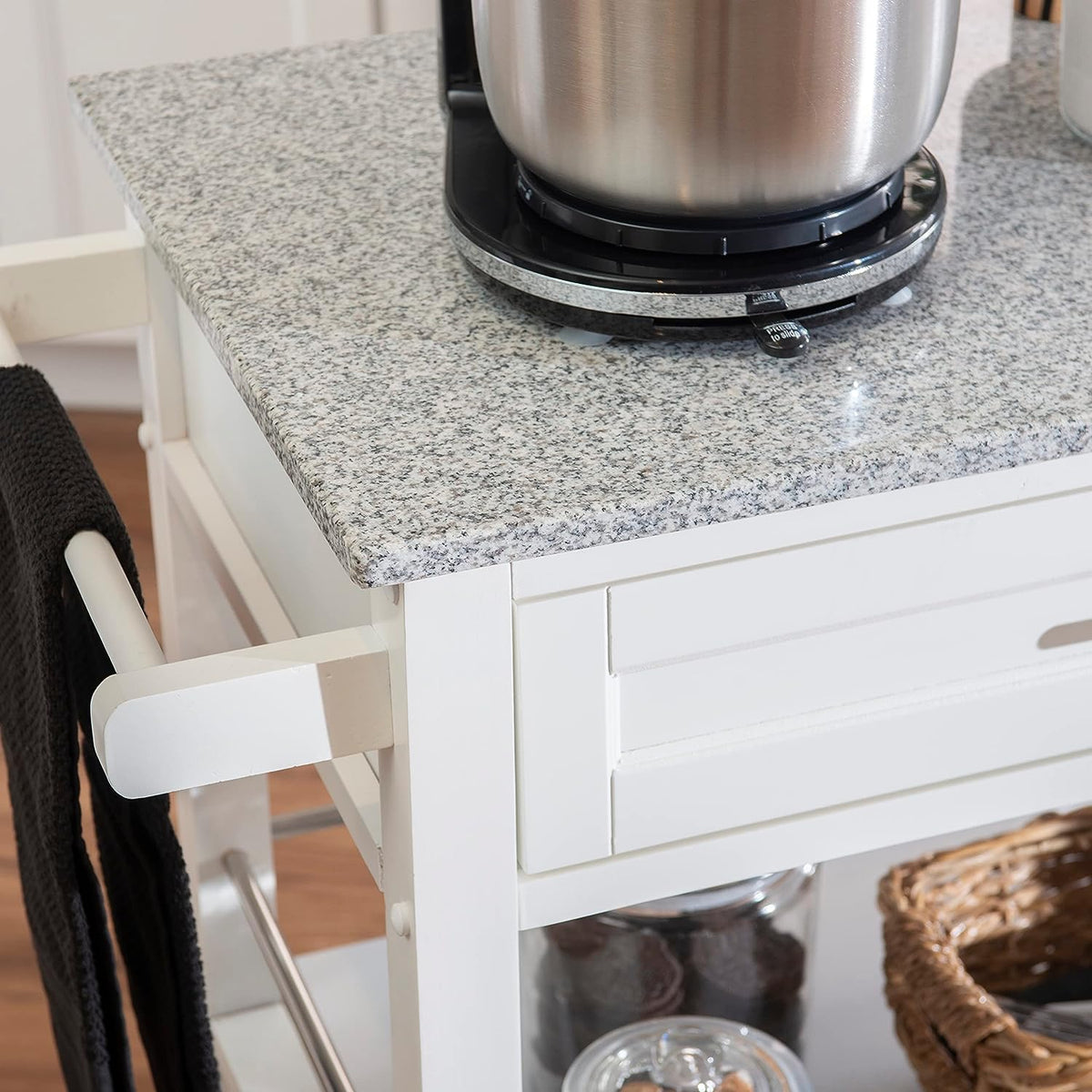 White Granite Topped Kitchen Cart with Lockable Casters and Hidden Storage Spaces L332
