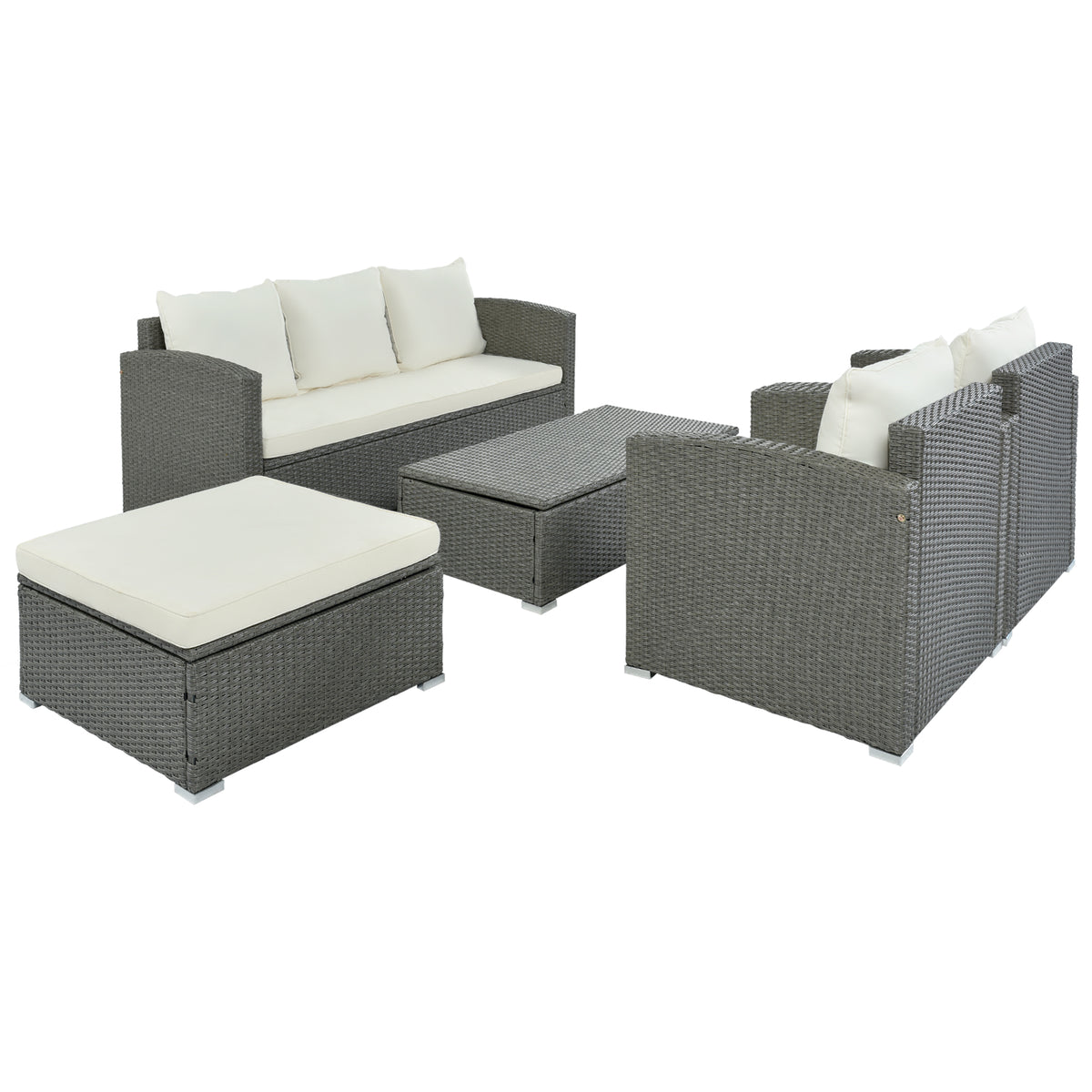 Gray Wicker Beige Cushion 5-Piece PE Rattan Sectional Sofa Set I911