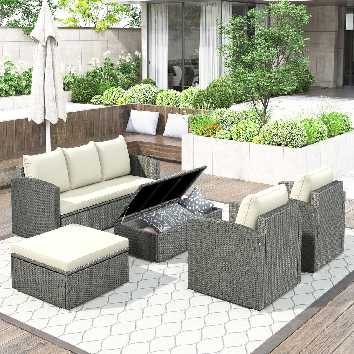 Gray Wicker Beige Cushion 5-Piece PE Rattan Sectional Sofa Set I911