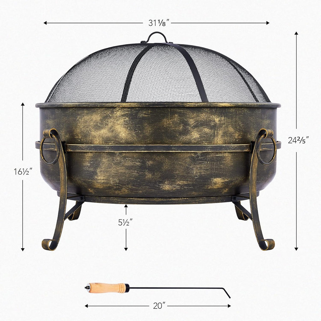 31-Inch Round Wood Burning Fire Pit with Metal Grate, Screen, Poker E707437