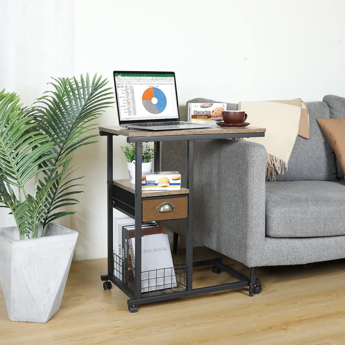 C Shaped Couch Side Table with Drawer, Rolling Bedside Desk P56741
