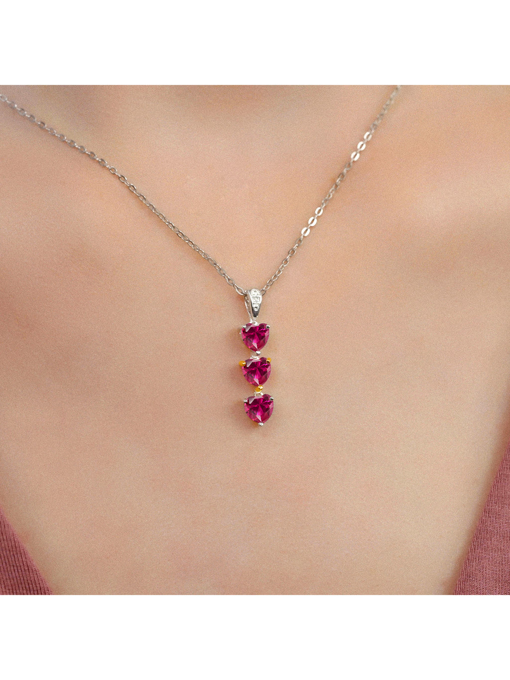 925 Sterling Silver 10K Yellow Gold Red Created Ruby White Lab Grown Diamond 3 Stone Heart Shape Pendant Necklace with 18 inch Silver Chain L65619