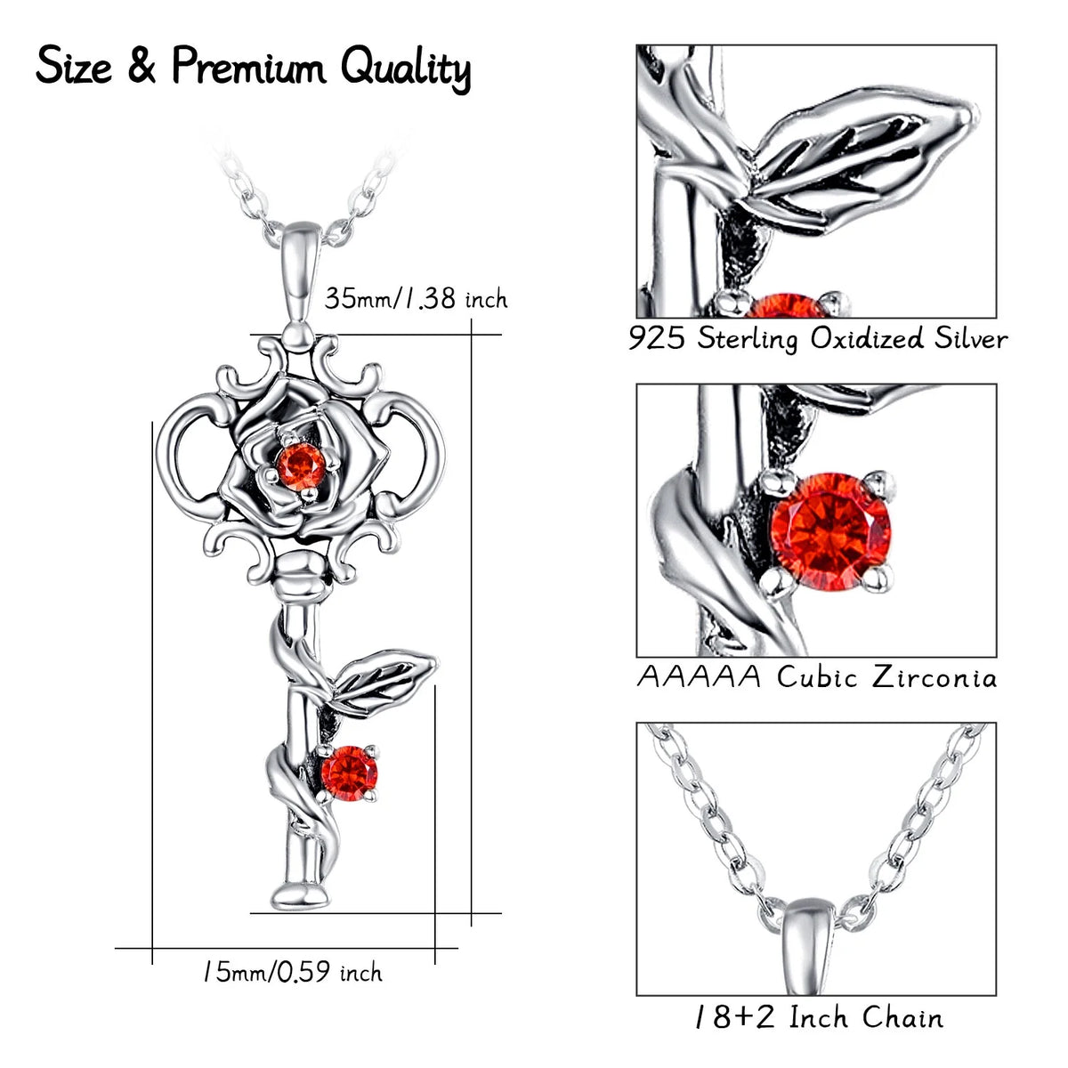 Sterling Silver Rose Key to Heart Pendant Necklace S484