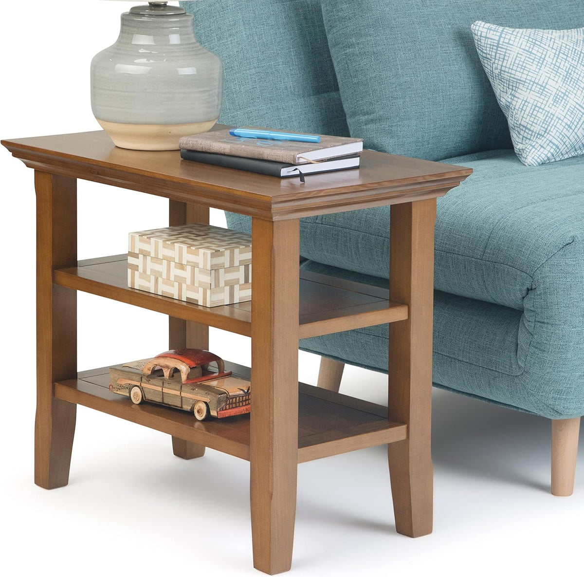 Black Solid Wood Narrow Side Table with 2 Shelves S89199
