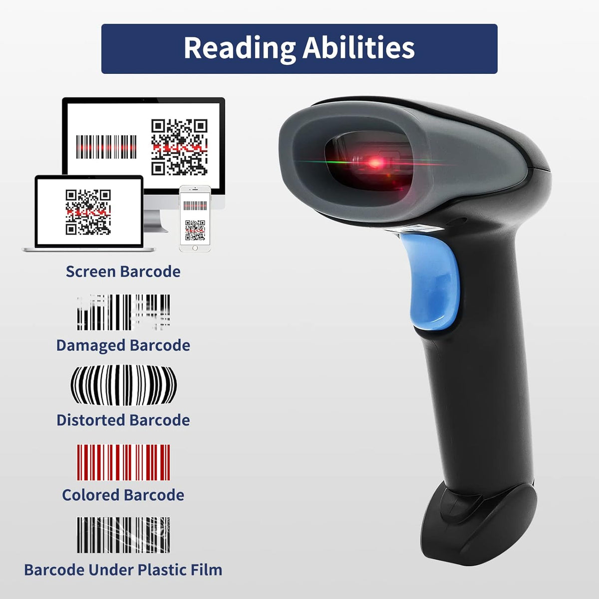 Bluetooth Barcode Scanner 2D QR Code, Handheld Barcode Reader Automatic Scan 1D PDF417 Datamatrix J9236