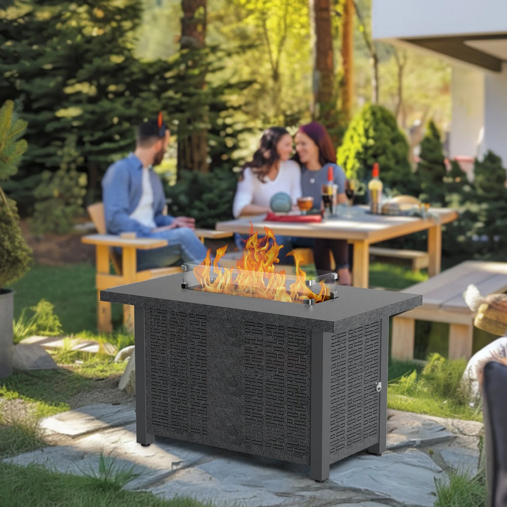 42 inch 50,000 BTU Rectangle Propane Gas Fire Pit Table with Lid, Glass Wind Guard, Waterproof Cover, Lava Rocks - Steel J27370