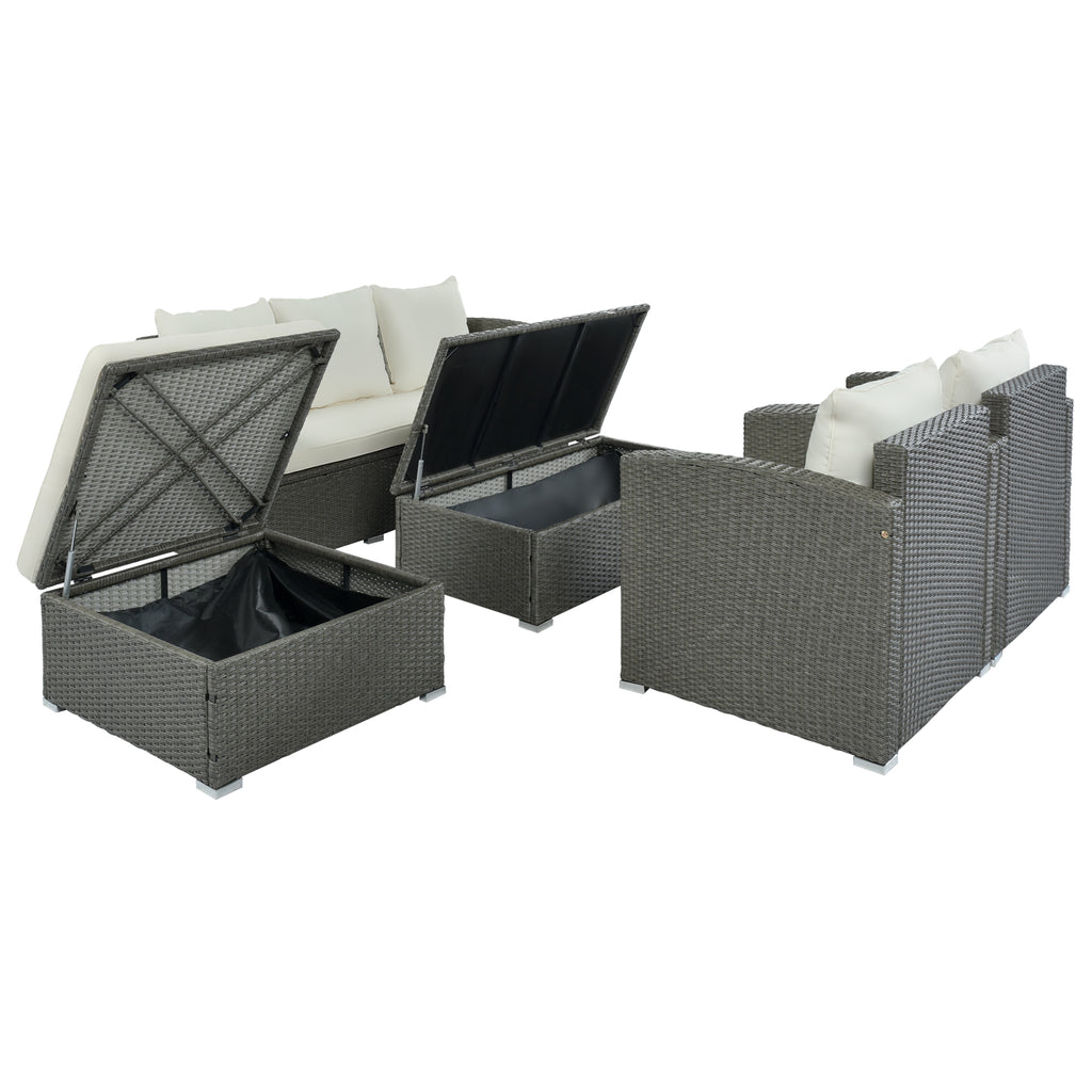 Gray Wicker Beige Cushion 5-Piece PE Rattan Sectional Sofa Set I911