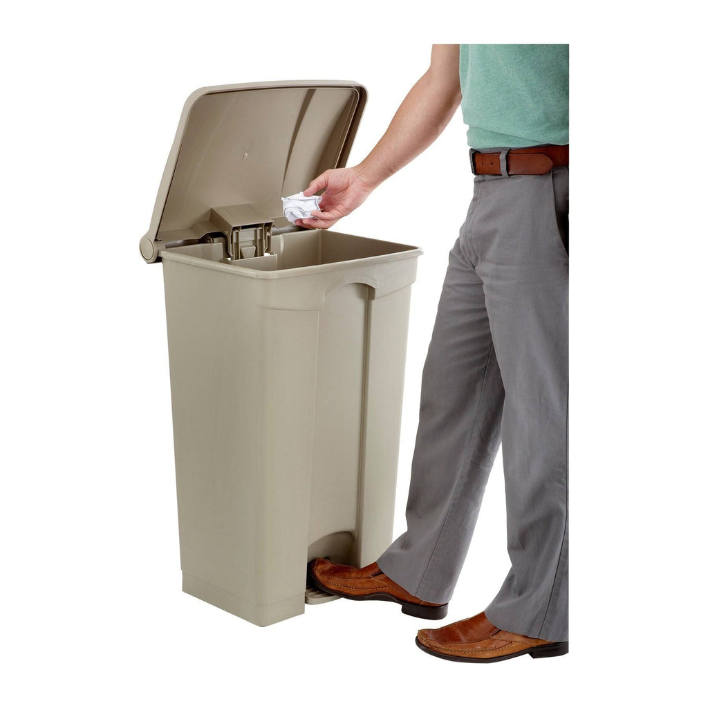 Tan Plastic Trash Can 23 Gal with Flip Lid and Foot Pedal L572