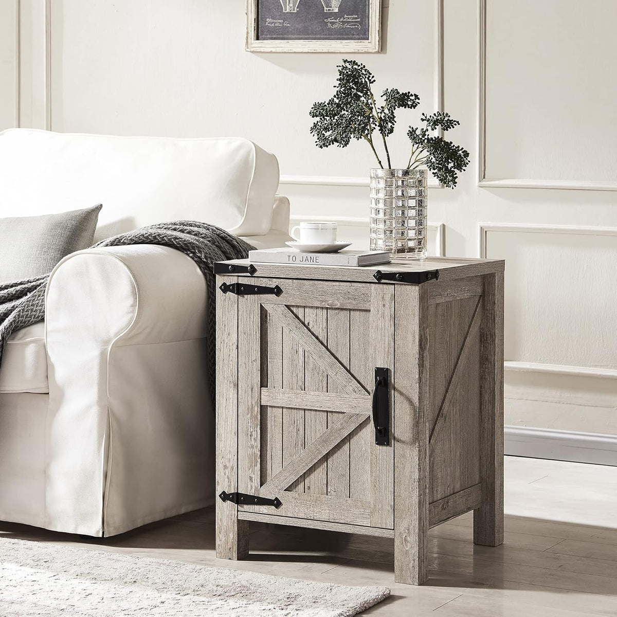 Light Rustic Oak End Tables with Sliding Barn Door and Storage Cabinets Shelves P309
