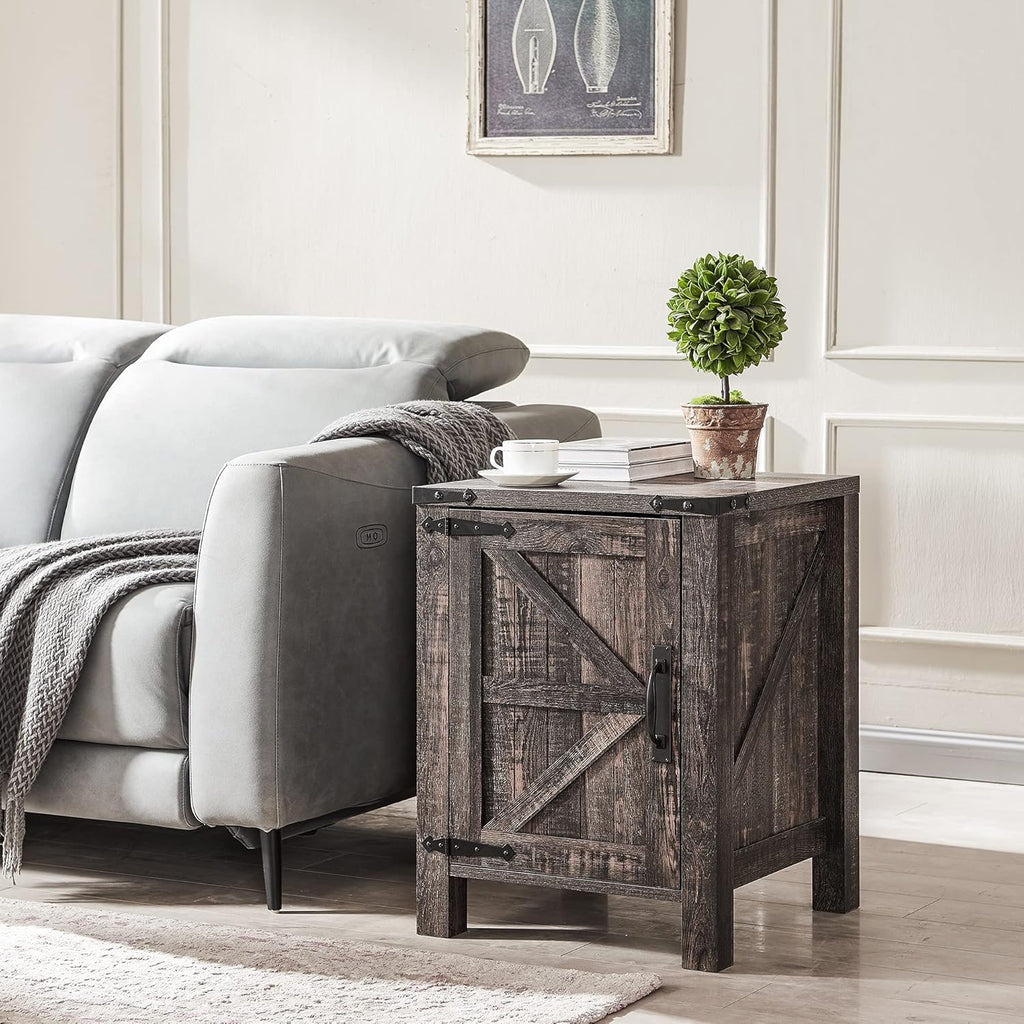 Light Rustic Oak End Tables with Sliding Barn Door and Storage Cabinets Shelves P309