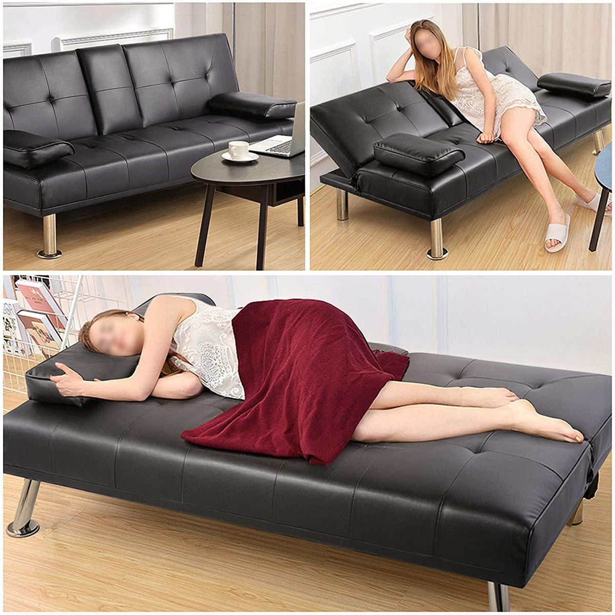 Black Faux Leather Futon Set Convertible Sleeper Loveseat Daybed B788