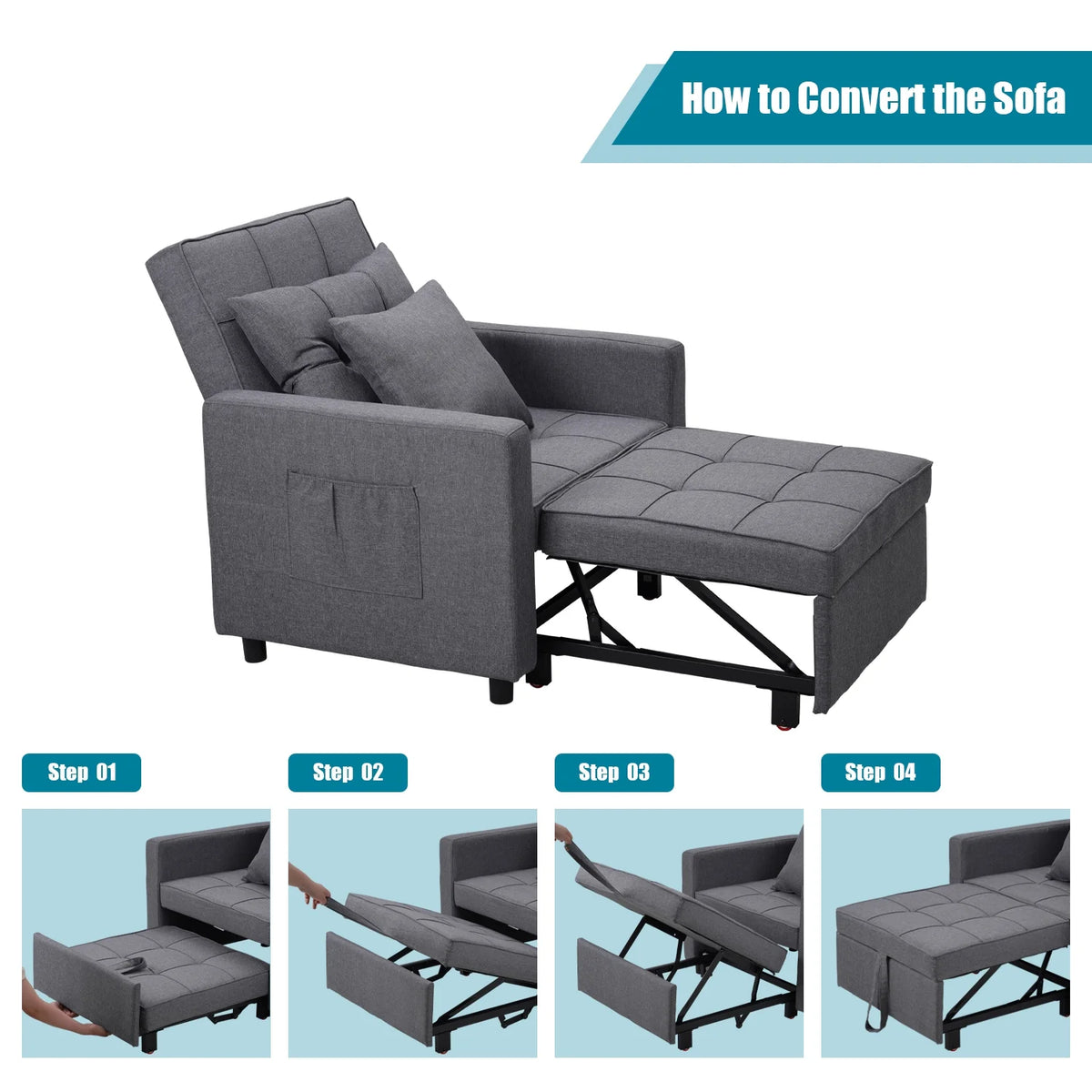 Dark Gray 3-in-1 Sofa Bed Chair with Adjustable Backrest K796306
