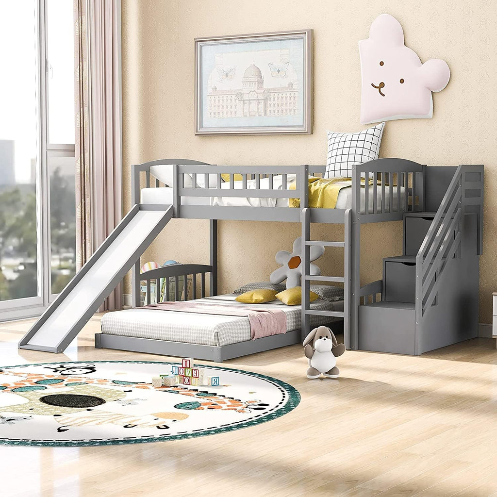 Twin Over Full Bunk Bed with Safety Guardrails & Ladder, Gray B8132