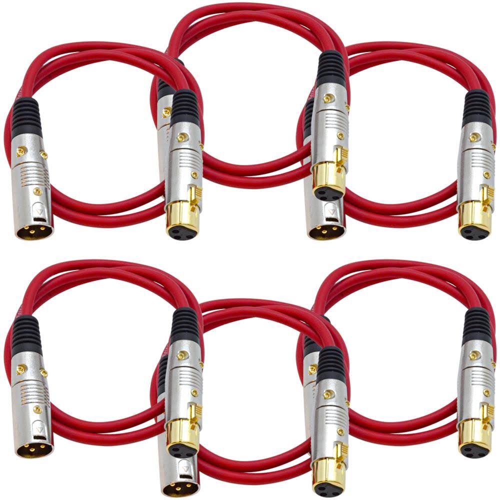 6 Pack 3 Foot Gold Plated Red XLR Microphone Patch Cable S332