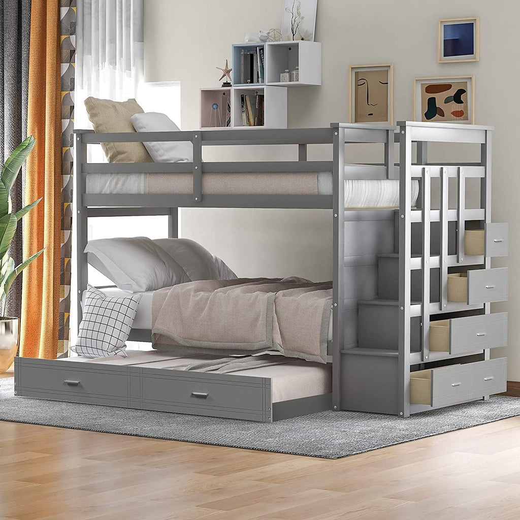 Twin Over Full Bunk Bed with Safety Guardrails & Ladder, Gray B8132