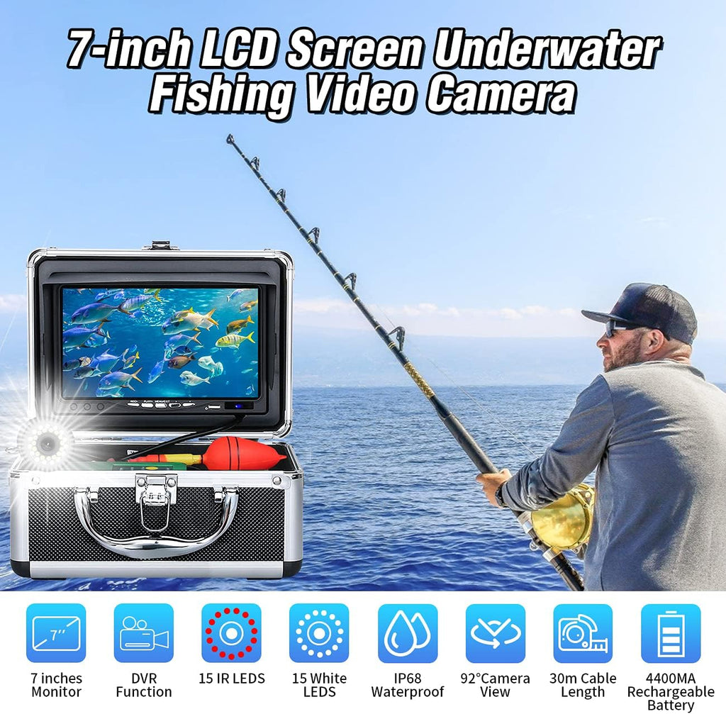 Portable Underwater Fishing Camera with 30 LEDs and 7inch 1080P IPS Monitor with DVR 16GB SD Card (30M) K854793