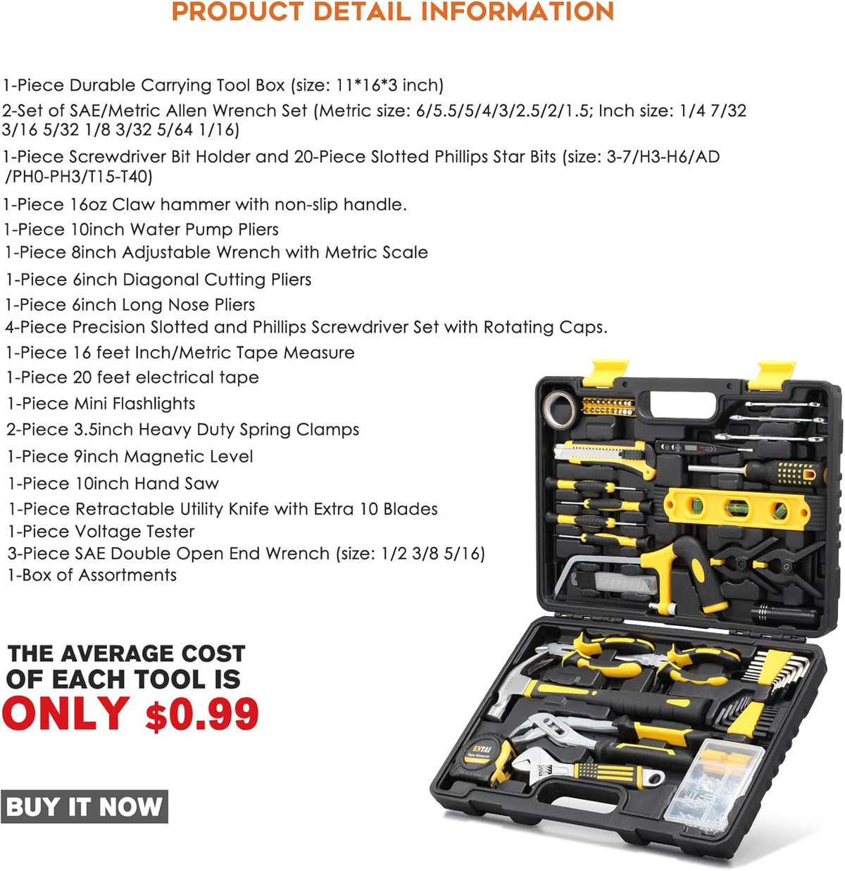 218-Piece Hand Tool Set with Solid Carrying Tool Box S871