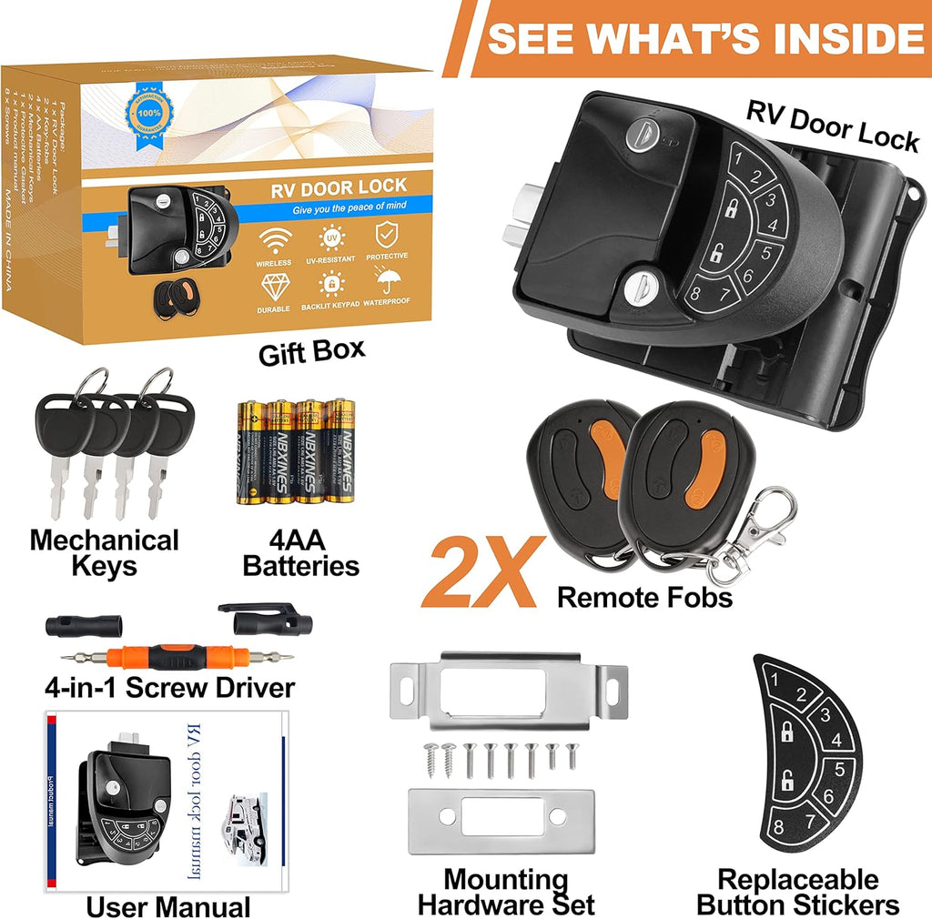 Black Zinc Alloy RV Door Lock with Backlit Keypad, 2 Remote Fobs, 4 Keys, Deadbolt M611017