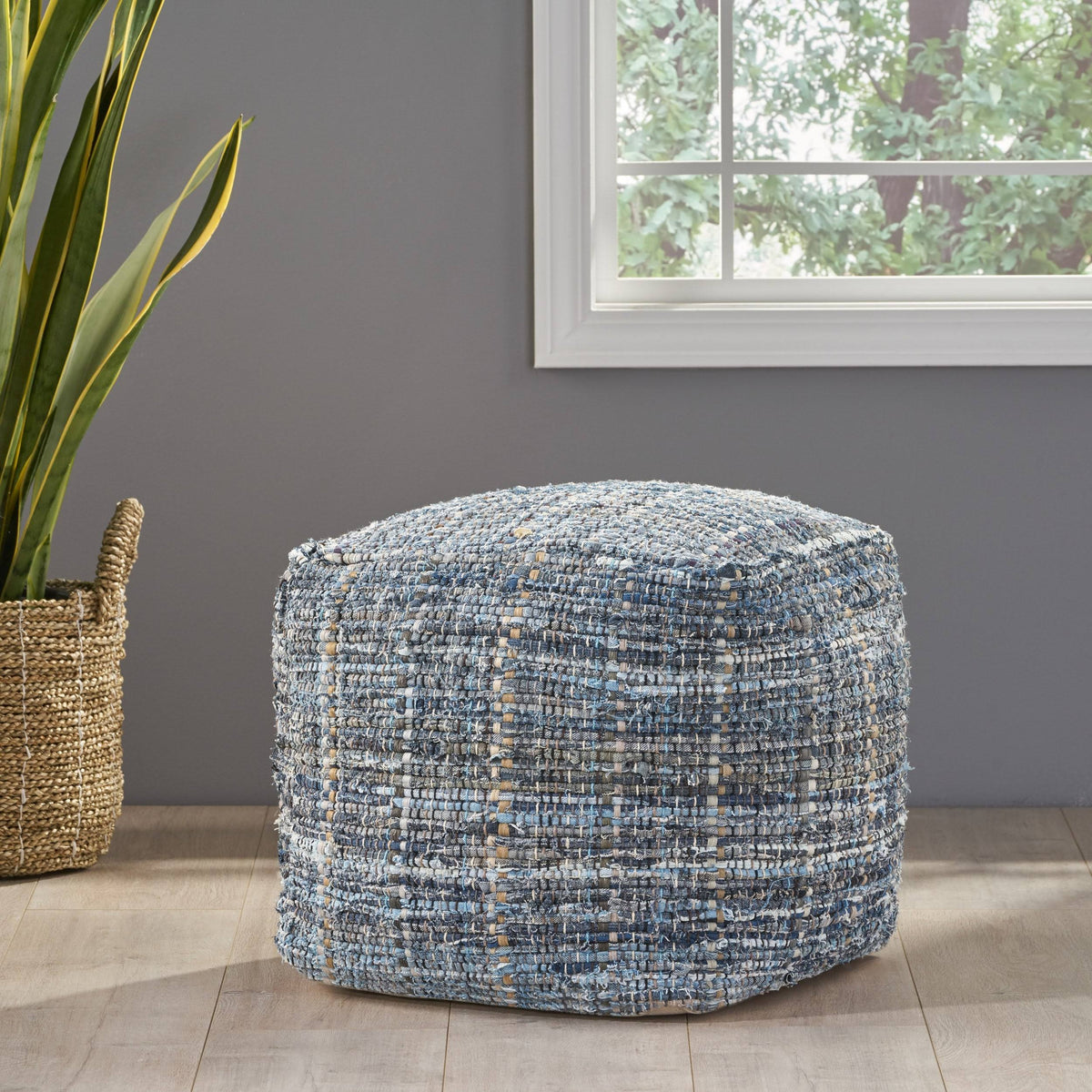 Blue Fabric Pouf Ottoman B354944