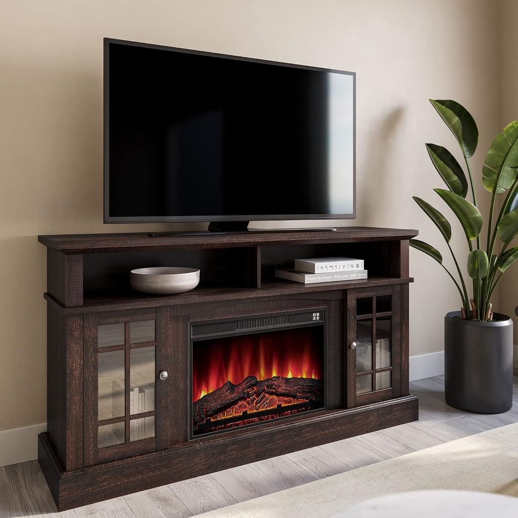 Rustic Wood TV Stand with Open Storage Shelves and Cabinets P38896