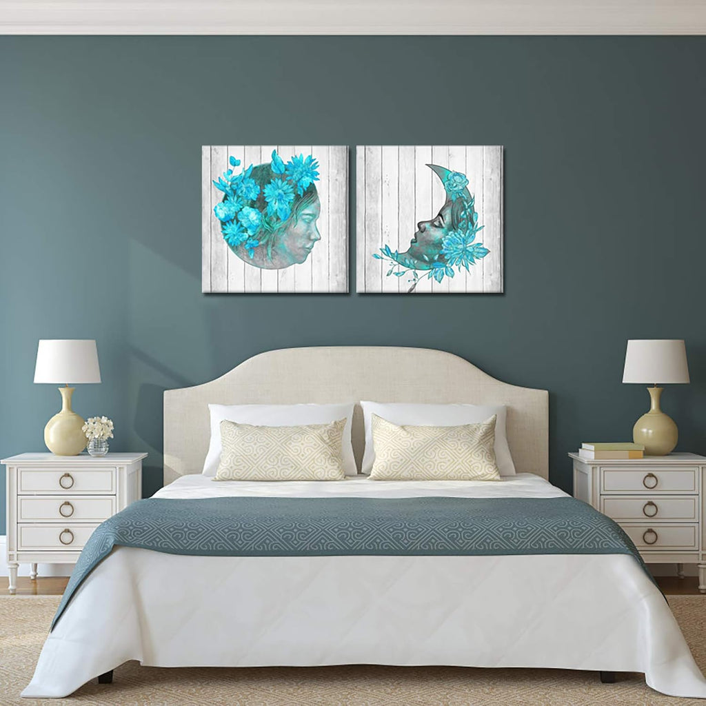 2 Pieces Teal Blue Floral Canvas Print Framed Wall Art F626