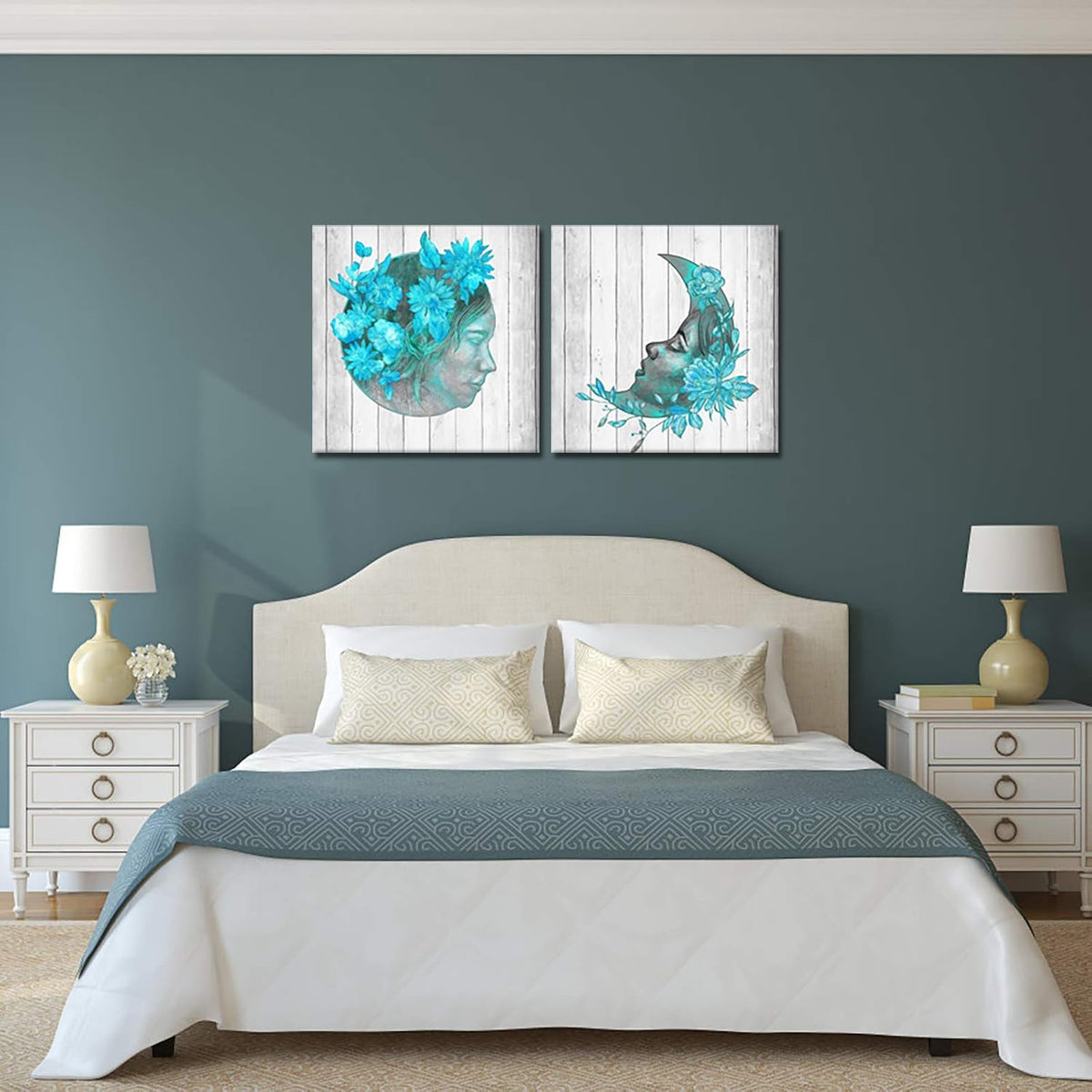 2 Pieces Teal Blue Floral Canvas Print Framed Wall Art F626