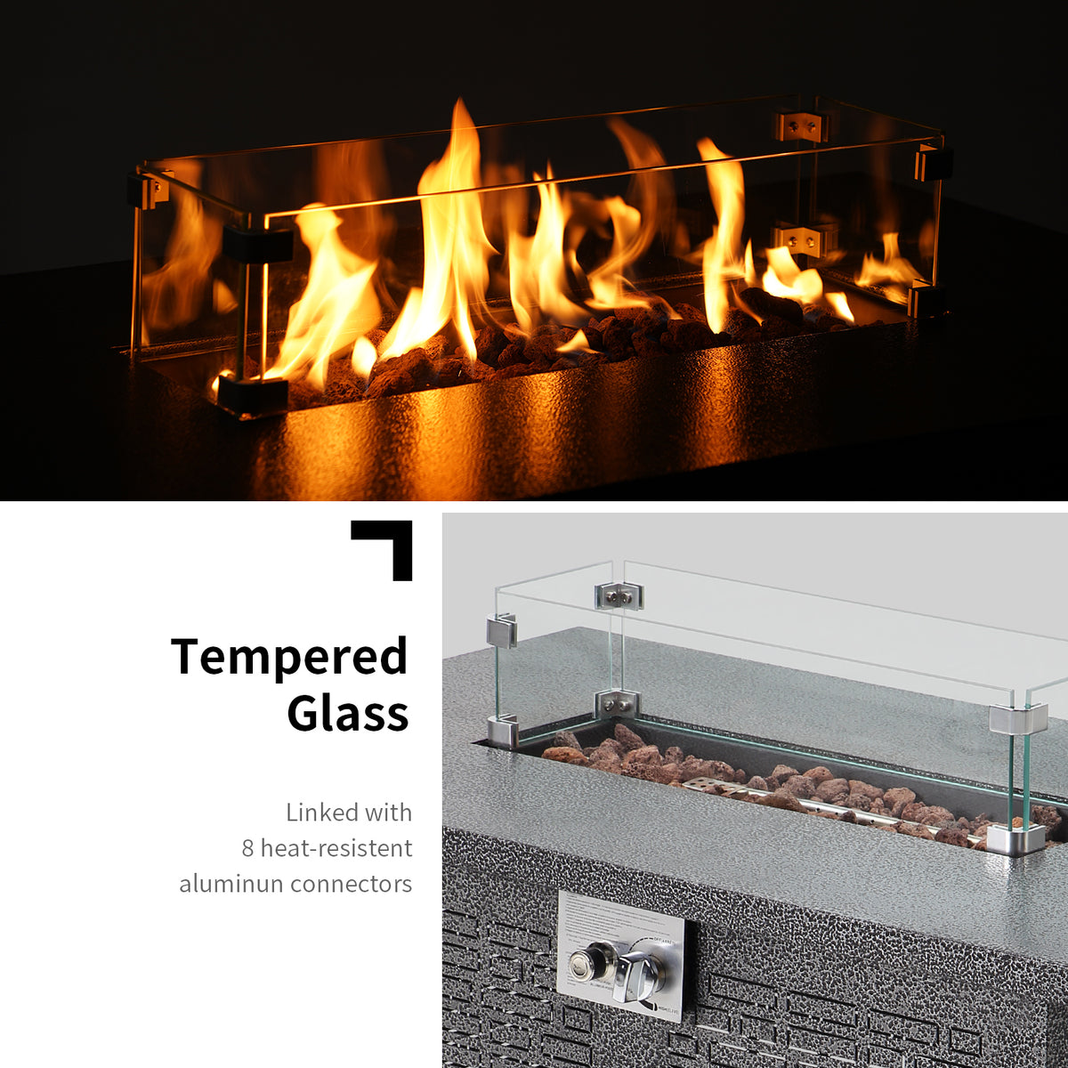 42 inch 50,000 BTU Rectangle Propane Gas Fire Pit Table with Lid, Glass Wind Guard, Waterproof Cover, Lava Rocks - Steel J27370