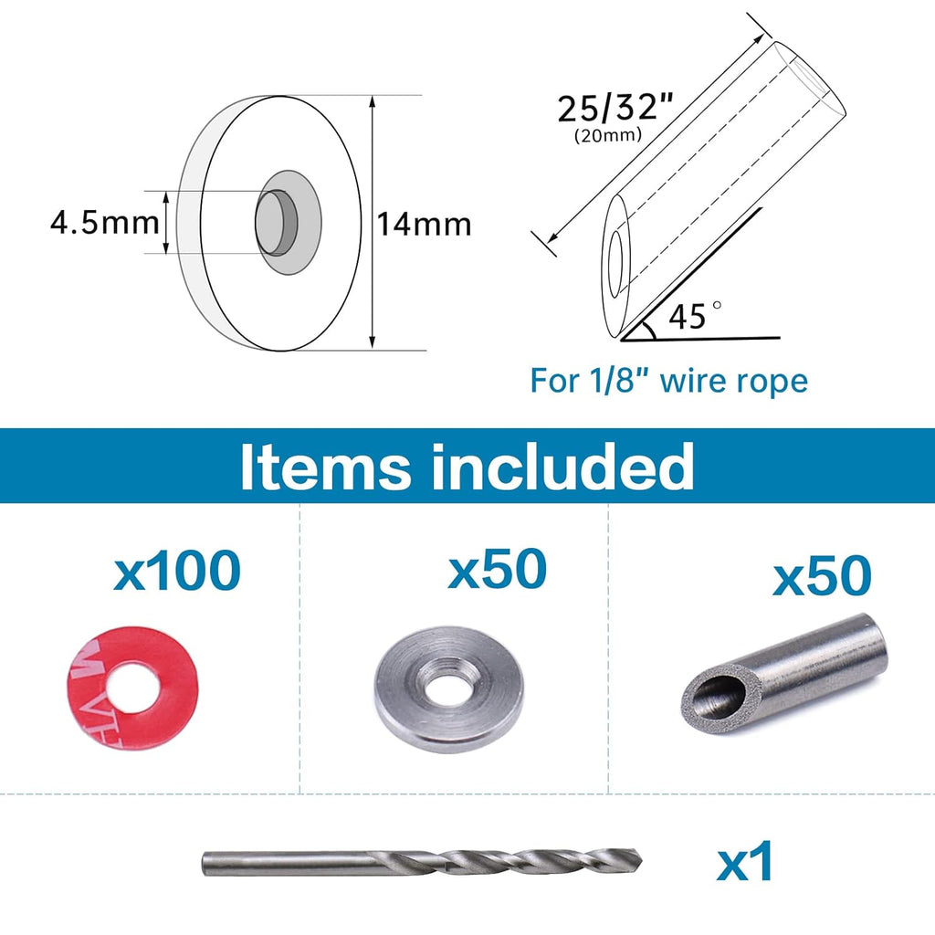 50Pack Cable Railing Kit Angled Protective Grommet for 90 Degree Corner 45 Degree L Shape Protector Sleeve for 1/8 Wire Rope Wood Posts T316 Stainless Steel I505906