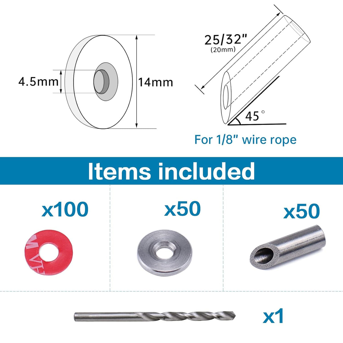 50Pack Cable Railing Kit Angled Protective Grommet for 90 Degree Corner 45 Degree L Shape Protector Sleeve for 1/8 Wire Rope Wood Posts T316 Stainless Steel I505906