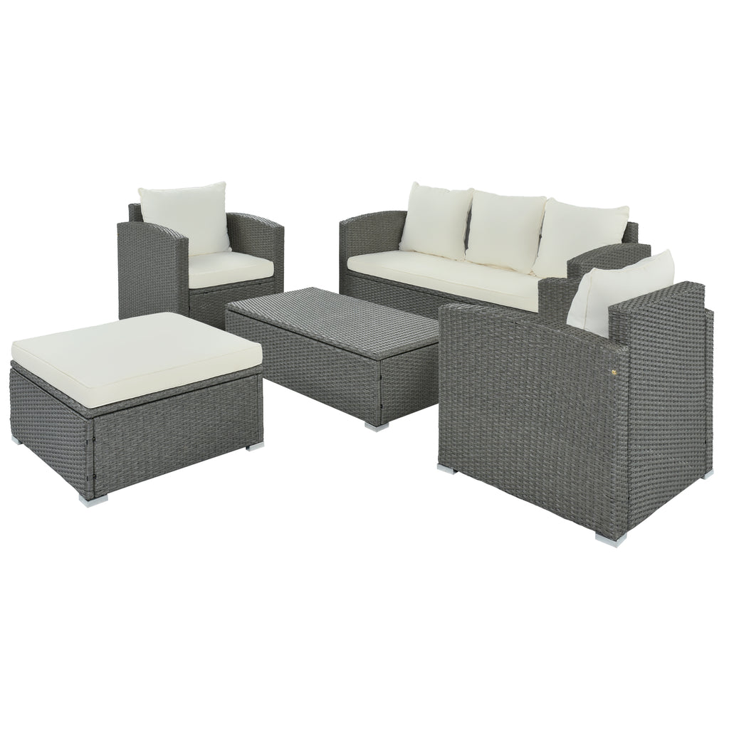 Gray Wicker Beige Cushion 5-Piece PE Rattan Sectional Sofa Set I911