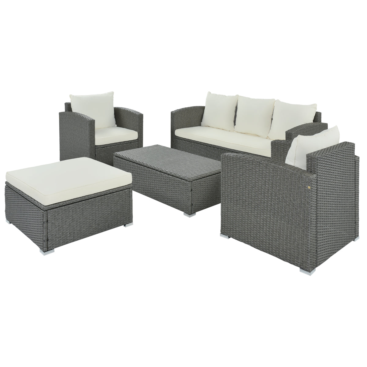 Gray Wicker Beige Cushion 5-Piece PE Rattan Sectional Sofa Set I911