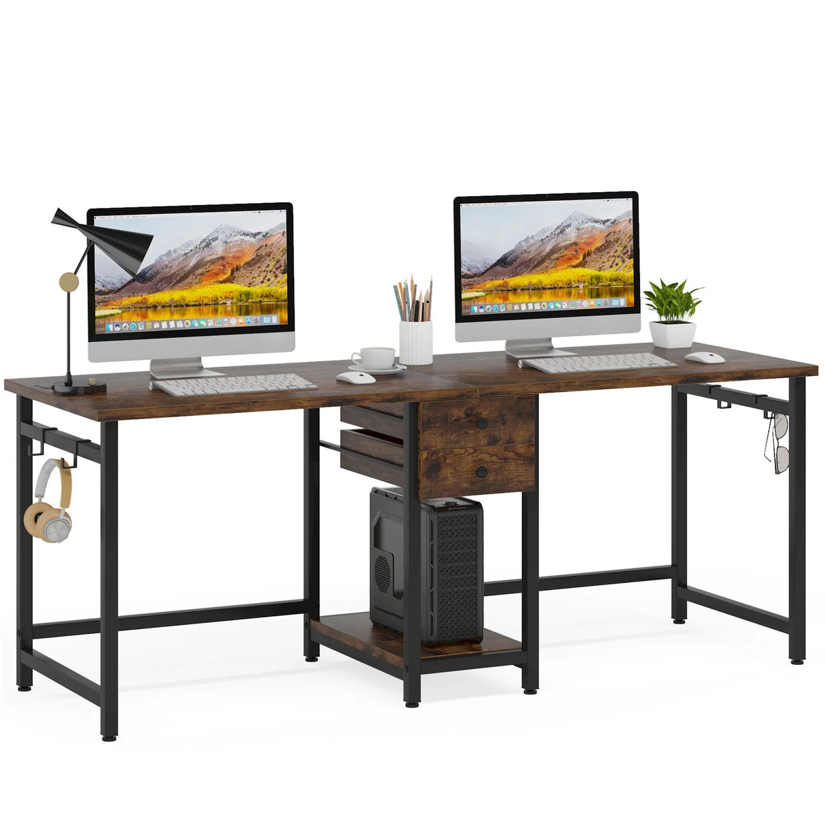 78 Inch Double Working Desk with 2 Drawers and Shelf X3254