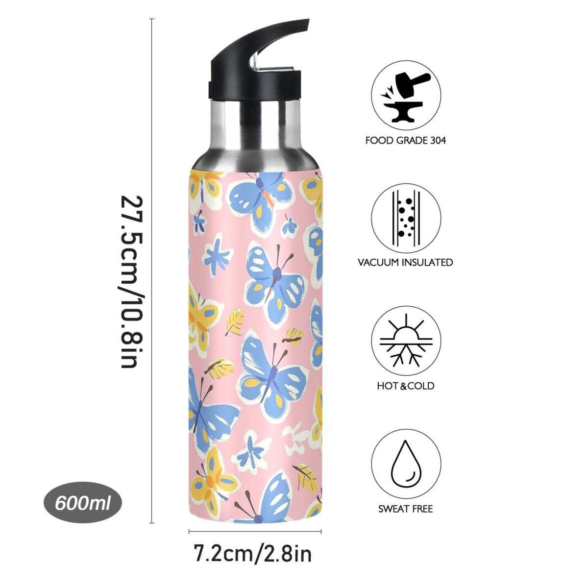 Pink Insulated Stainless Steel Water Bottle with Straw Lid 20 oz R8524