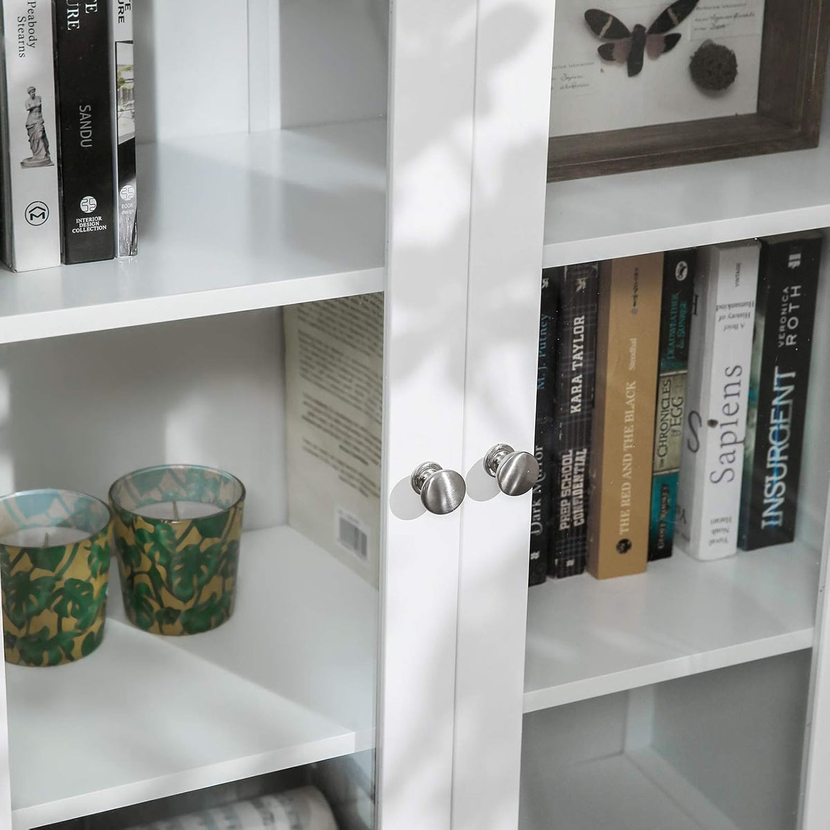 Storage Cabinet with 2 Adjustable Shelves, Transparent Glass Doors, Matte White M6222