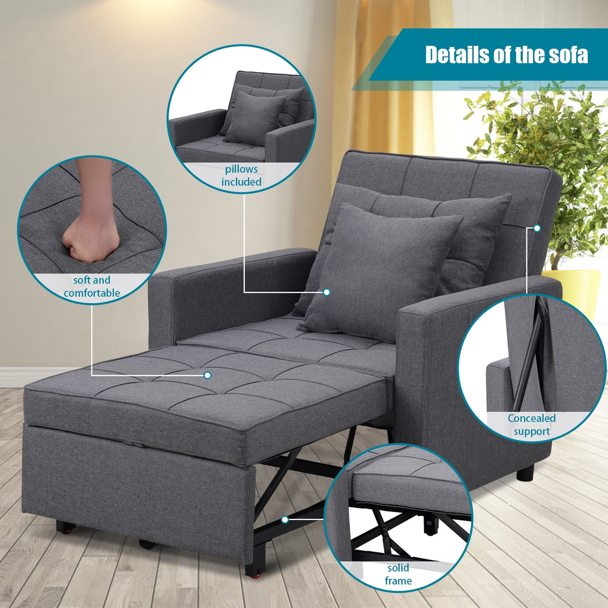 Dark Gray 3-in-1 Sofa Bed Chair with Adjustable Backrest K796306