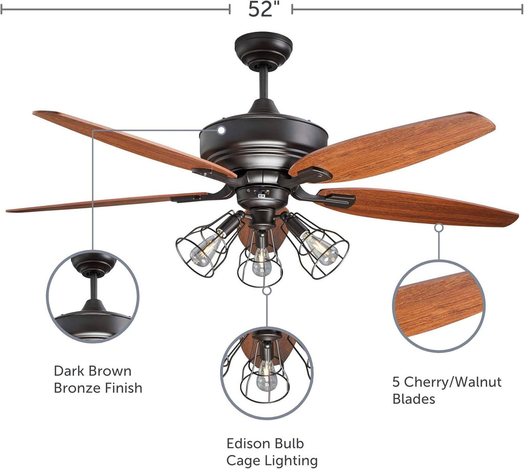 52-Inch Dark Brown Bronze Ceiling Fan with Lights and Remote I3588