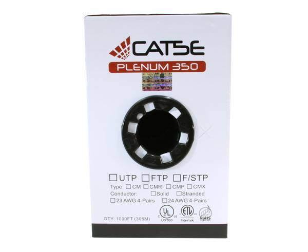 Cat5e Plenum Bulk Ethernet Cable, CMP, Solid Copper UTP, 24 AWG 1000ft Gray T9389